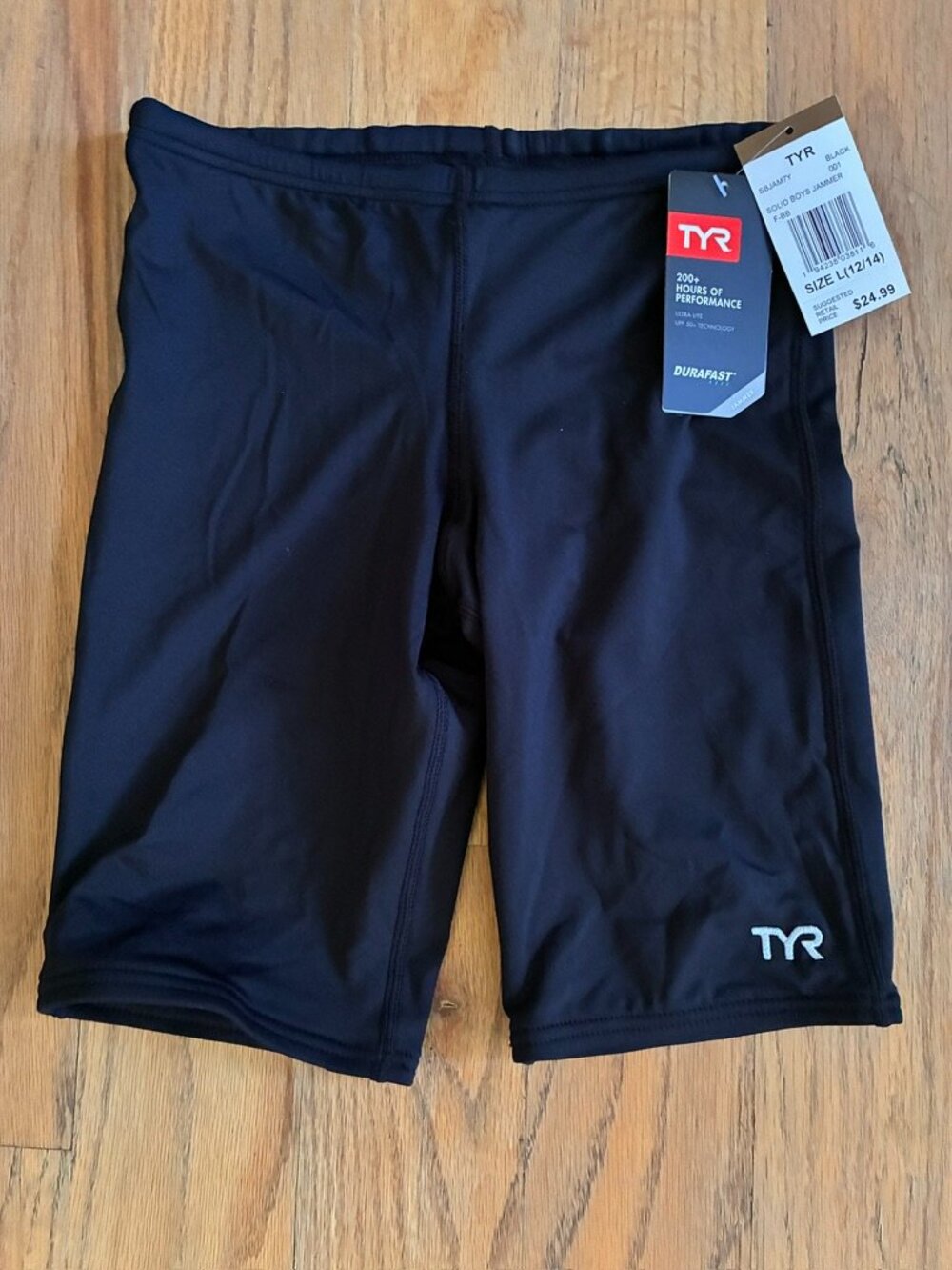 TYR Boys Solid Black Durafast Jammer Swim Shorts Size Large 12/14 NWT